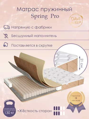 Матрас 145х185 пружинный, DAVI SLEEP Spring Pro, ортопедический на кровать 185х145